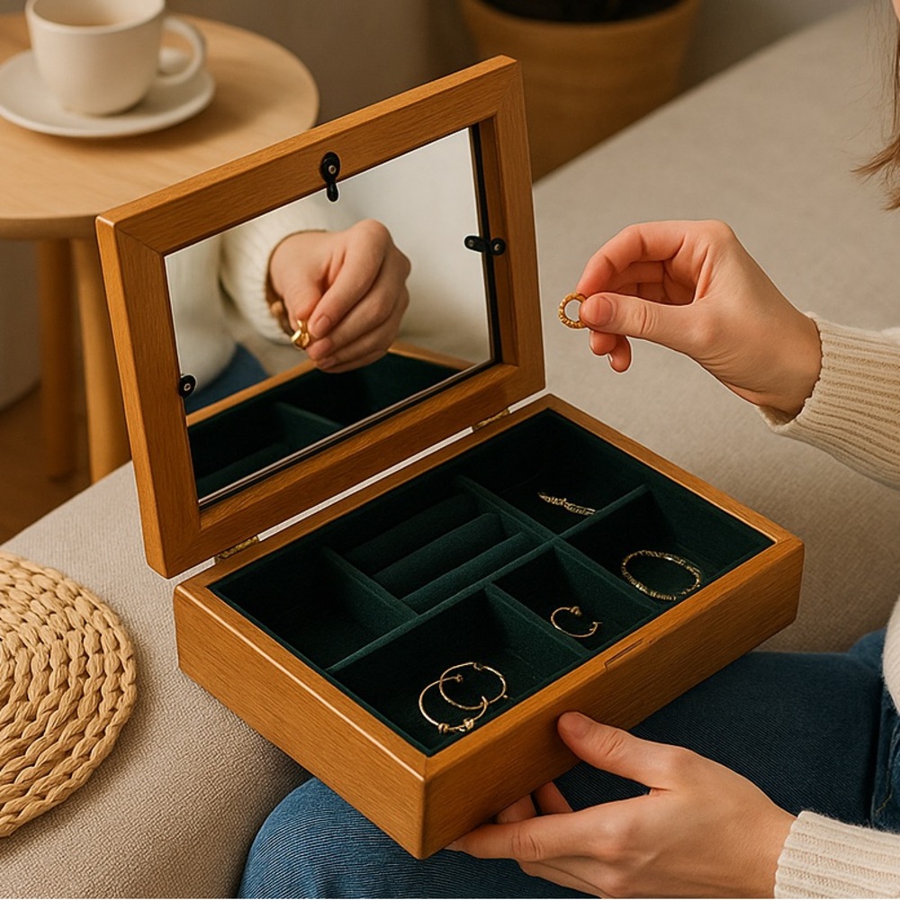 Wooden Jewelry Organizer Box with Mirror Green Velvet Lining Personalized Photo